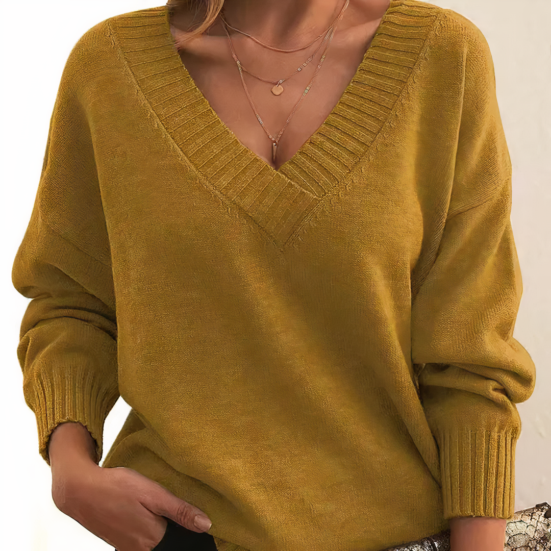 Vivienne deep V-neck relaxed fit sweater in beige, front view close-up
