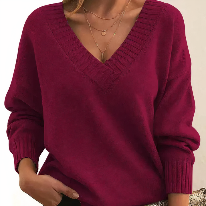 Vivienne deep V-neck relaxed fit sweater in beige, front view close-up