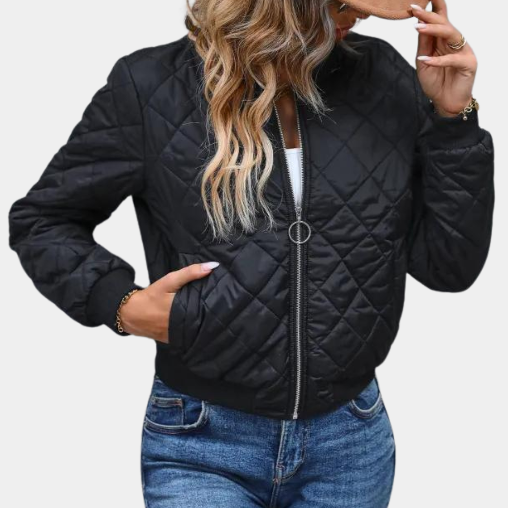 Vivienne quilted bomber jacket, front view with hand in pocket