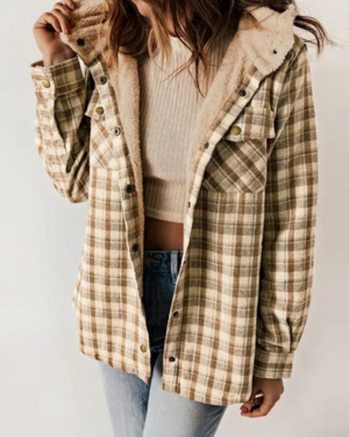 Wilhelmina checkered hooded sherpa jacket in cream tones, front view