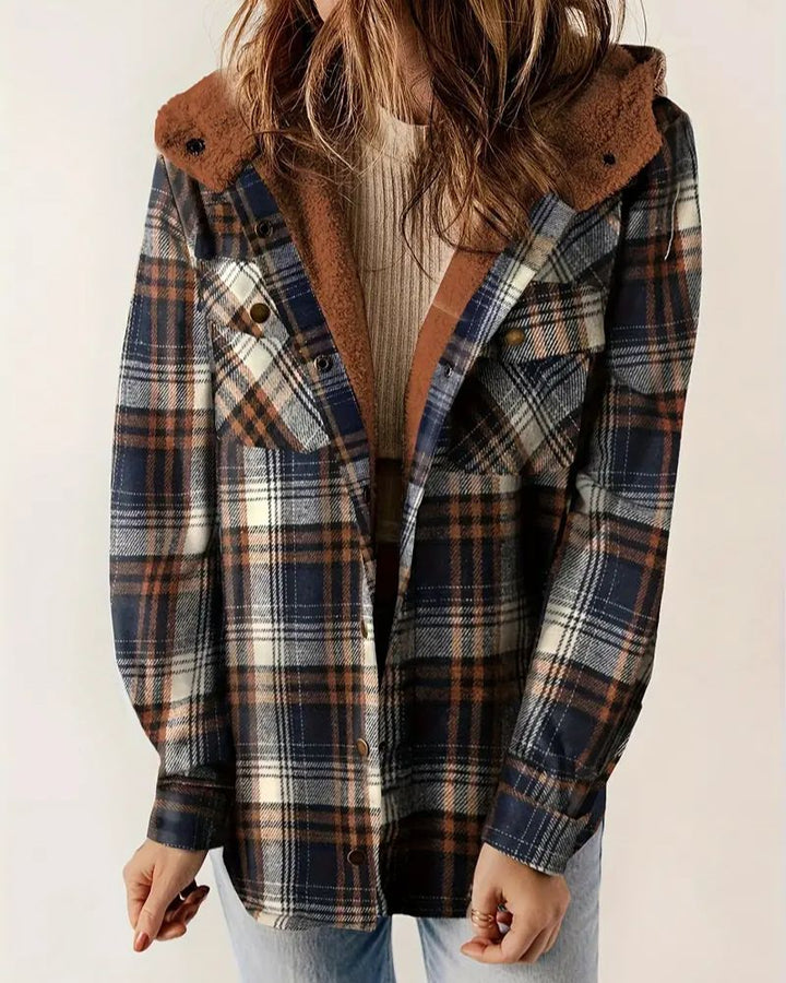 Wilhelmina checkered hooded sherpa jacket buttoned up, front view