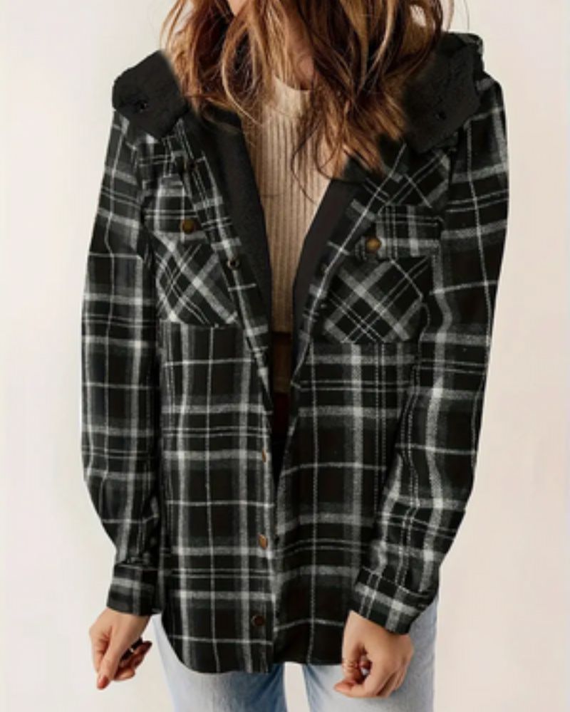 Wilhelmina checkered hooded sherpa jacket in black and white plaid, front view
