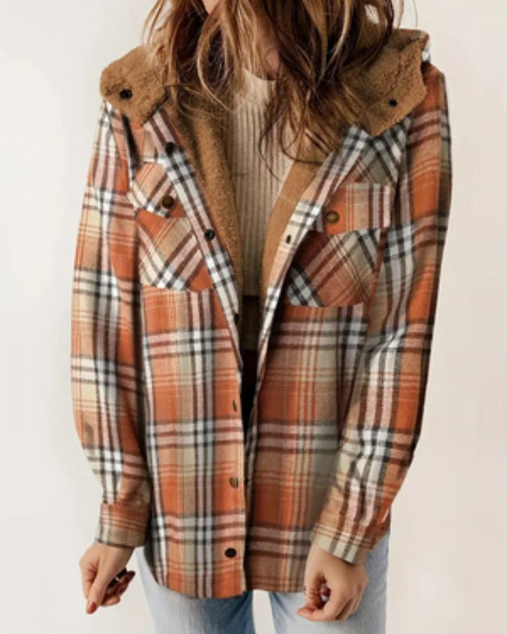 Wilhelmina checkered hooded sherpa jacket in black and white plaid, front view