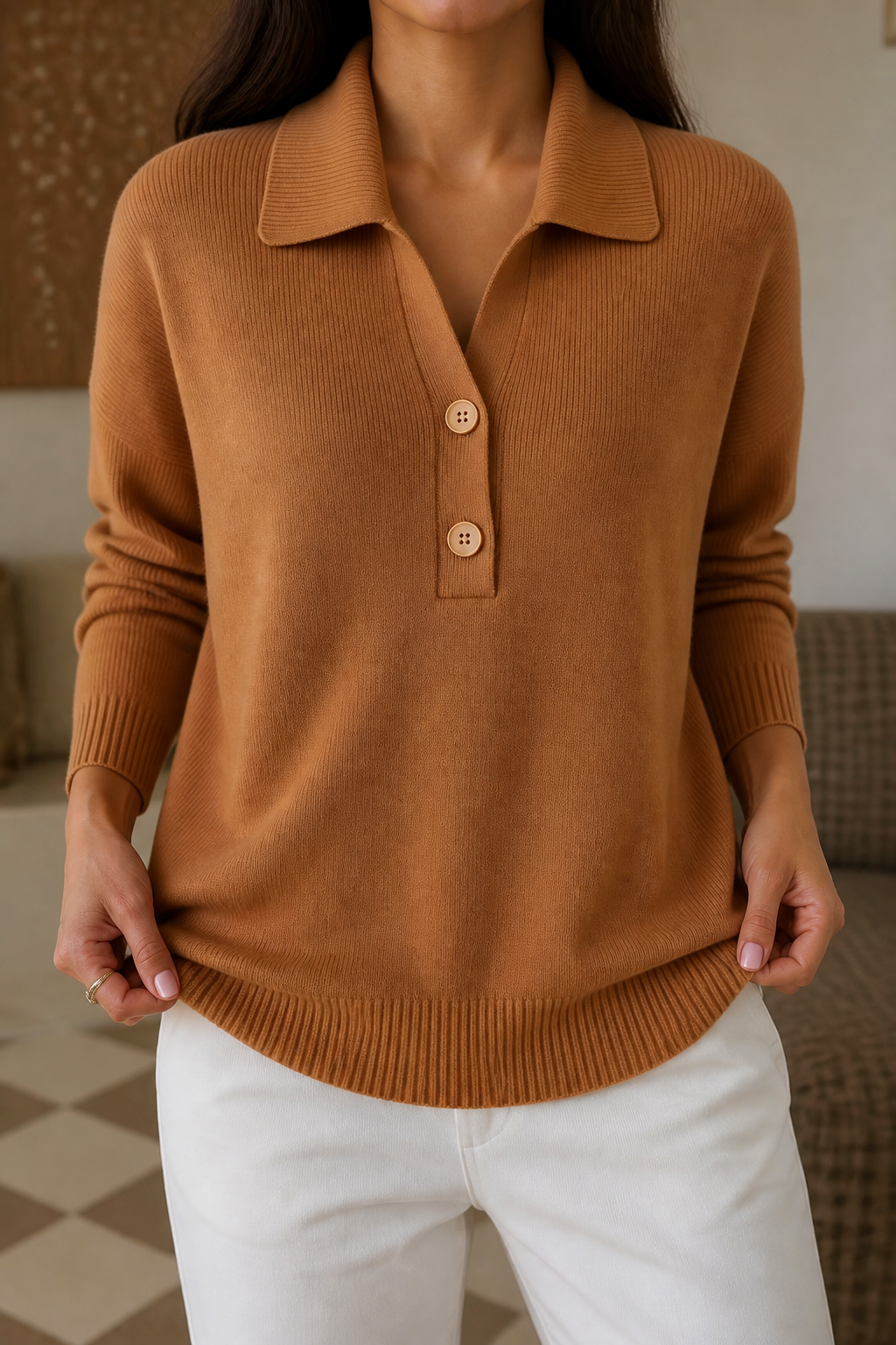 Wilhelmina pink collared pullover sweater styled with a trench coat and white pants