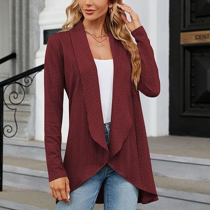 Wilhelmina draped open-front cardigan in burgundy, front view