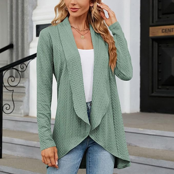 Wilhelmina draped open-front cardigan in sage green, front view