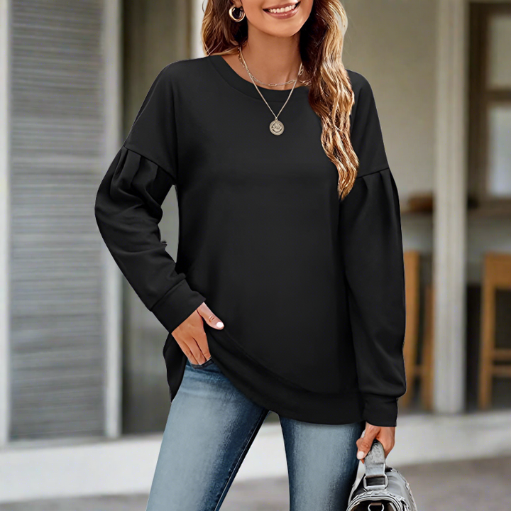 Wilhelmina puff sleeve crewneck sweatshirt in black, front view