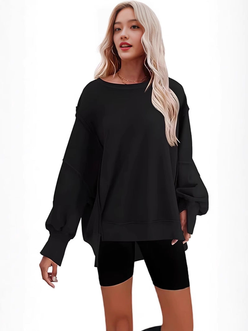 Wilhelmina puff sleeve crewneck sweatshirt in blue, front view
