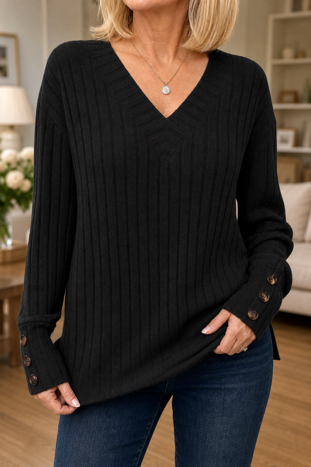 Wilhelmina ribbed V-neck sweater with button cuff, close-up front view
