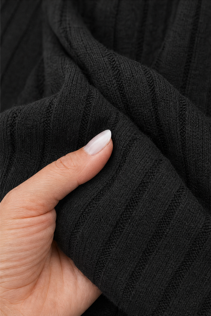 Wilhelmina ribbed V-neck sweater styled with jeans and boots, full length view
