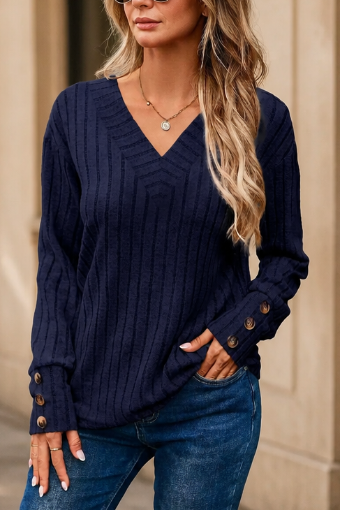 Wilhelmina ribbed V-neck sweater styled with jeans and boots, full length view