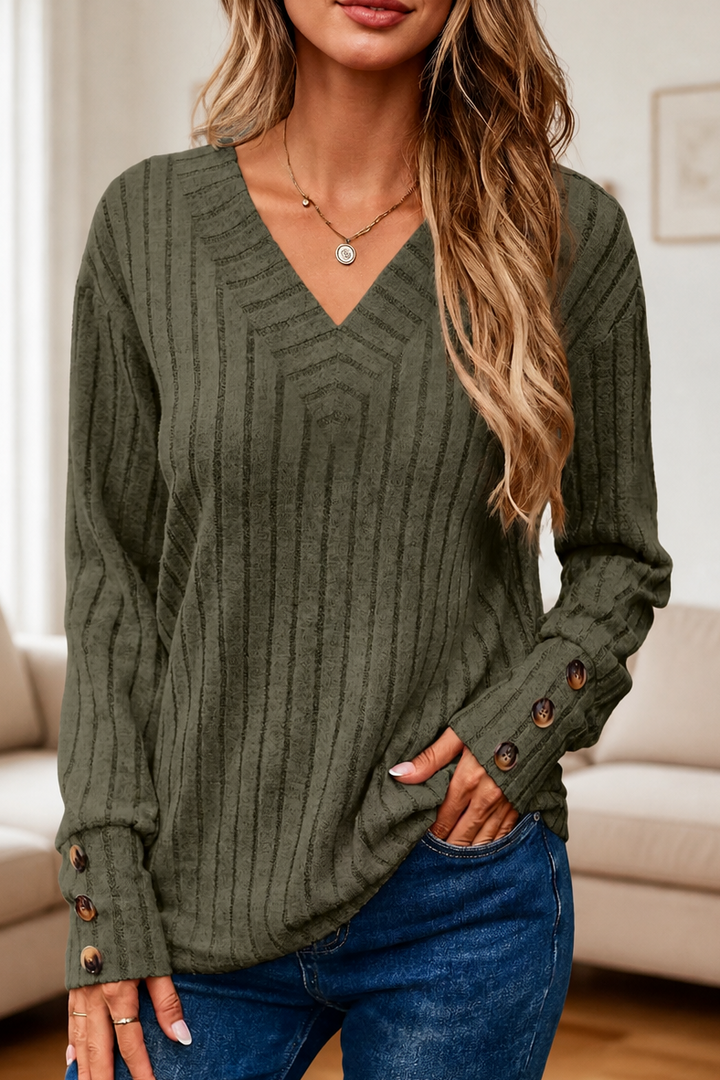 Wilhelmina ribbed V-neck sweater styled with jeans and boots, full length view