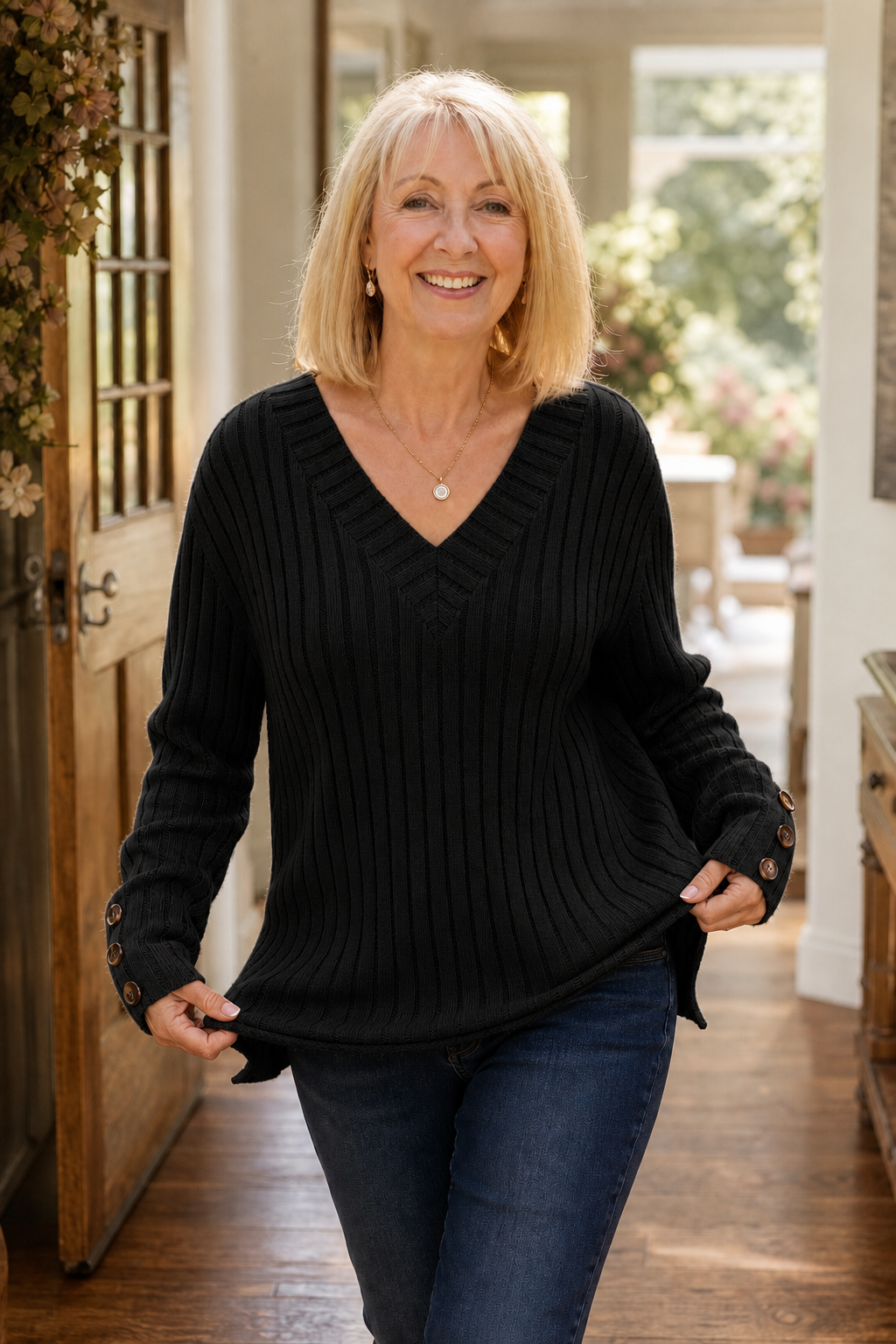 Wilhelmina ribbed V-neck sweater, full front view