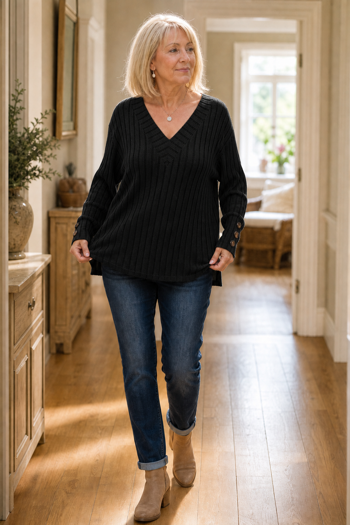 Wilhelmina ribbed V-neck sweater styled with jeans and boots, full length view