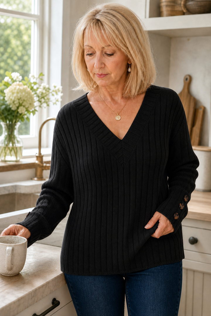 Wilhelmina ribbed V-neck sweater styled with jeans and boots, full length view