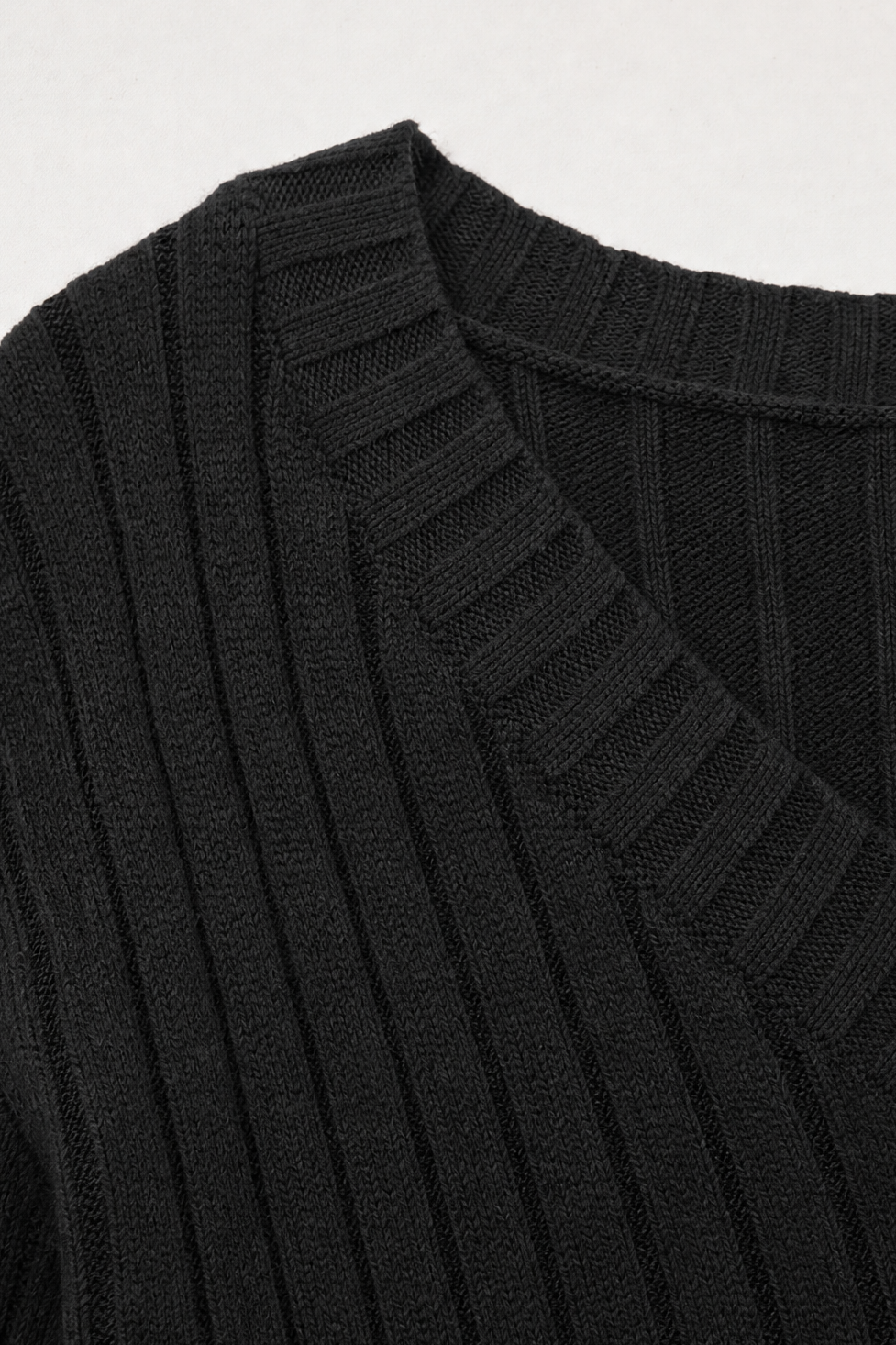 Wilhelmina ribbed V-neck sweater styled with jeans and boots, full length view