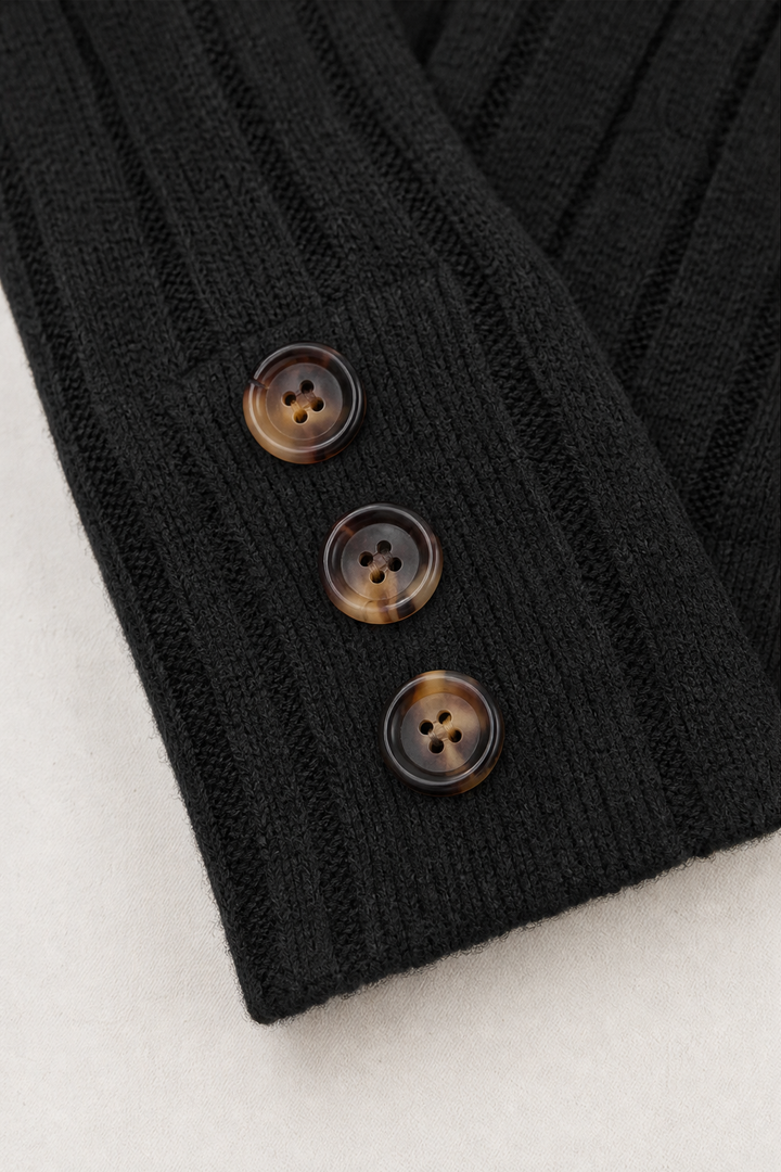Wilhelmina ribbed V-neck sweater styled with jeans and boots, full length view
