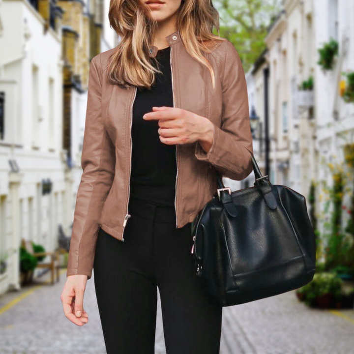 Wilhelmina beige zip-front faux leather biker jacket, front view
