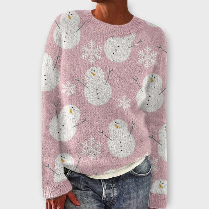 Winnie snowman print sweater in pink, front view