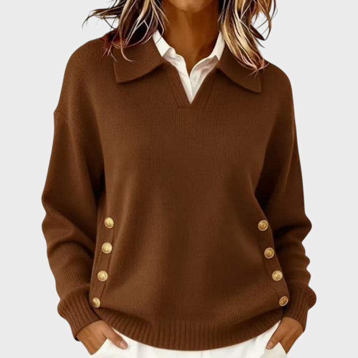 Winnifred brown button detail V-neck sweater, front view
