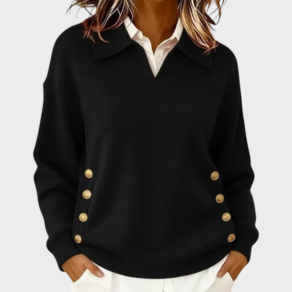 Winnifred black button detail V-neck sweater, front view