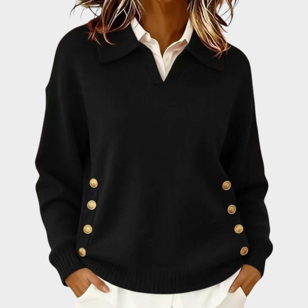 Winnifred black button detail V-neck sweater, front view