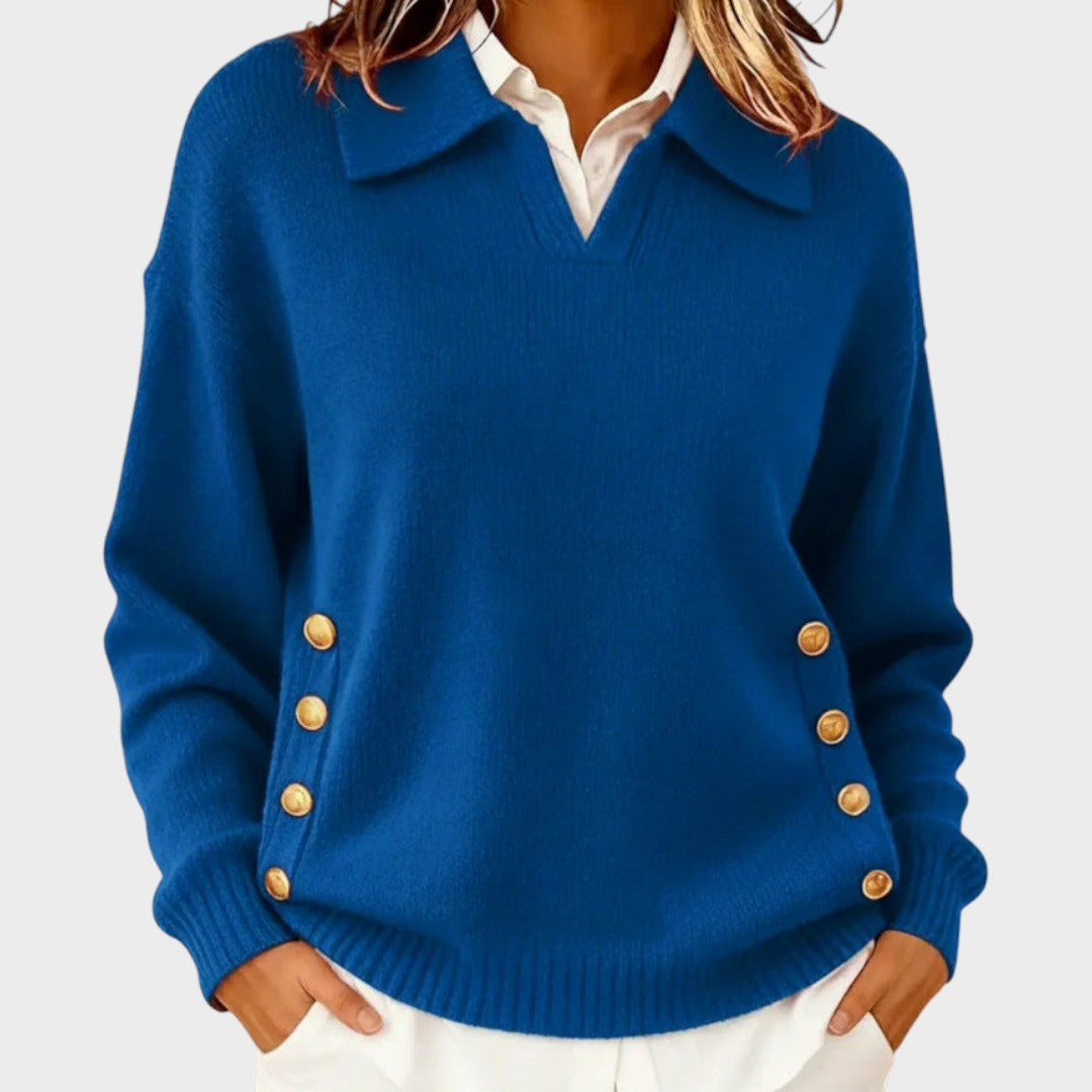 Winnifred blue button detail V-neck sweater, front view