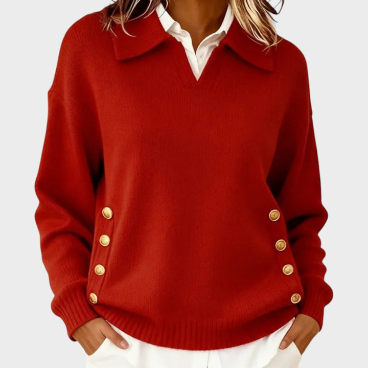 Winnifred red button detail V-neck sweater, front view