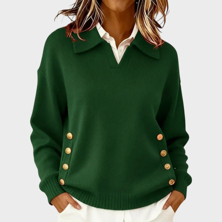 Winnifred red button detail V-neck sweater, front view