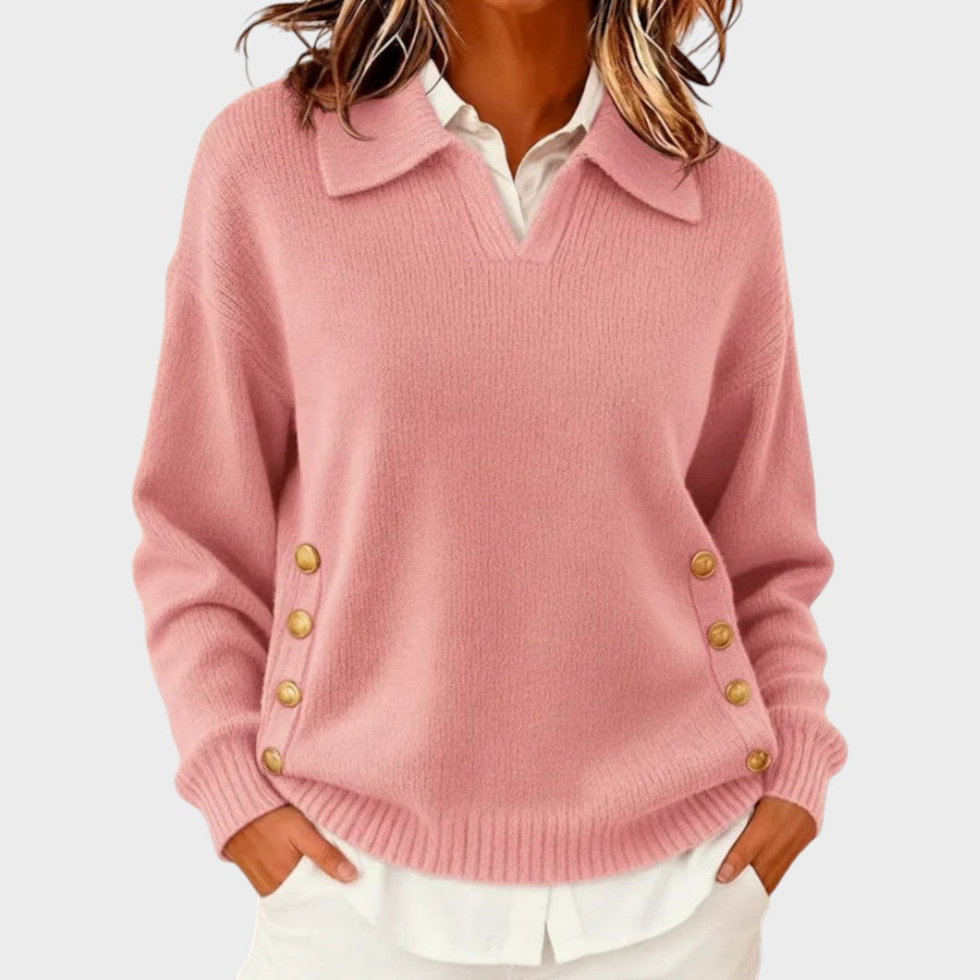Winnifred red button detail V-neck sweater, front view