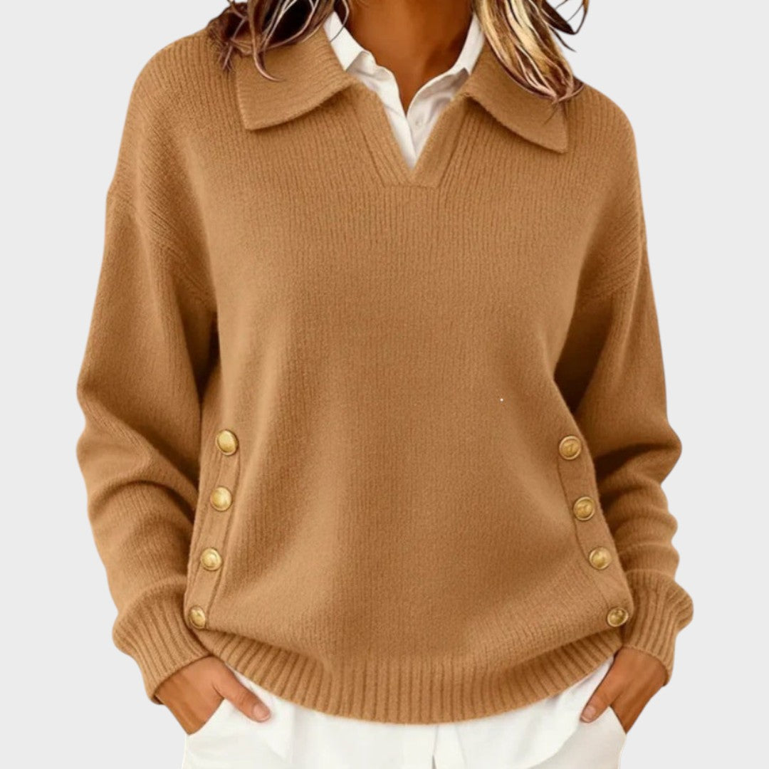 Winnifred red button detail V-neck sweater, front view