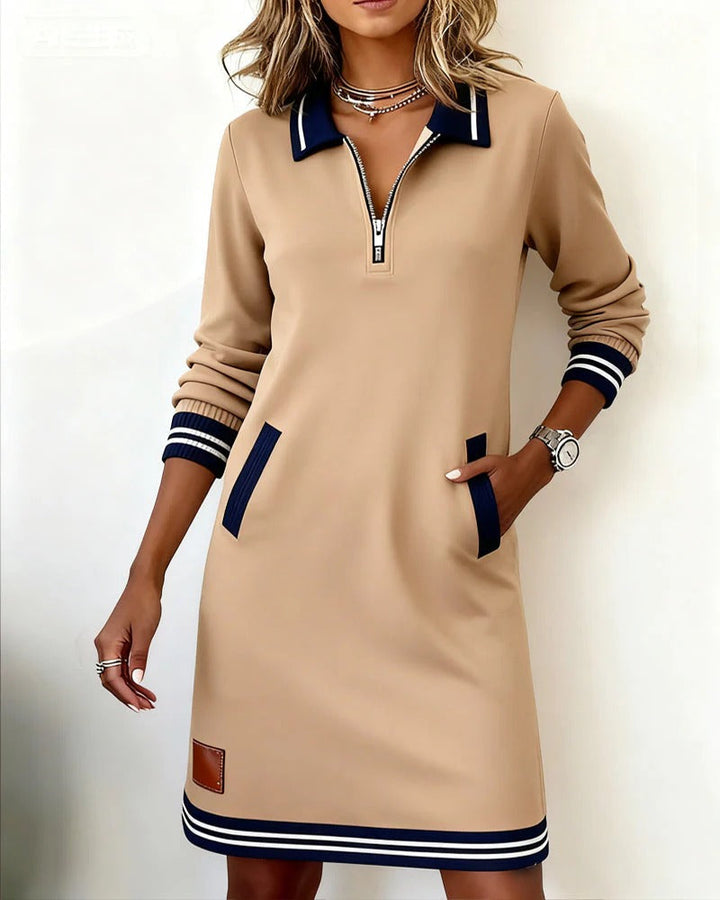Winnifred quarter-zip collared mini sweater dress in cream, full front view