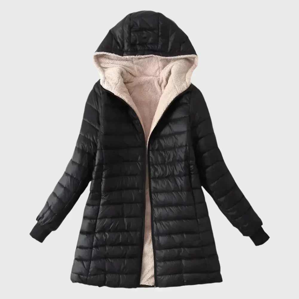 Winona hooded sherpa-lined puffer jacket in black, front view with hood up