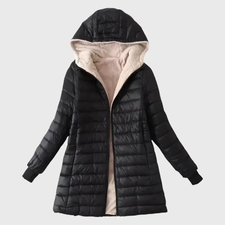 Winona hooded sherpa-lined puffer jacket in black, front view showing fleece hood lining