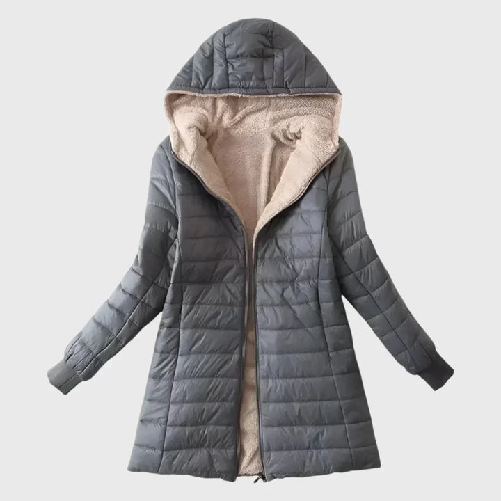 Winona hooded sherpa-lined puffer jacket in gray, front view with open zip