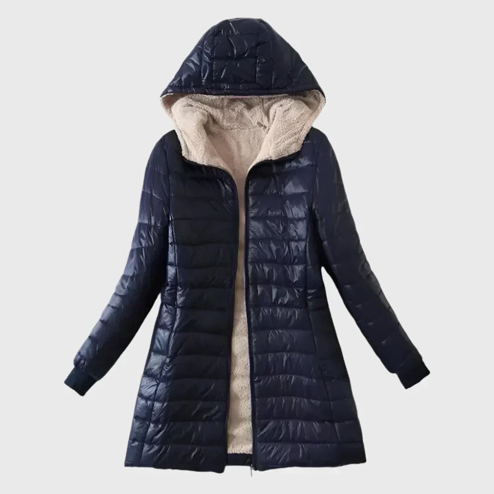 Winona hooded sherpa-lined puffer jacket in navy blue, front view with hood up