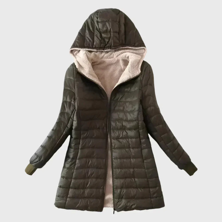 Winona hooded sherpa-lined puffer jacket in navy blue, front view with hood up