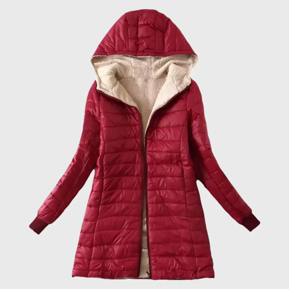 Winona hooded sherpa-lined puffer jacket in navy blue, front view with hood up