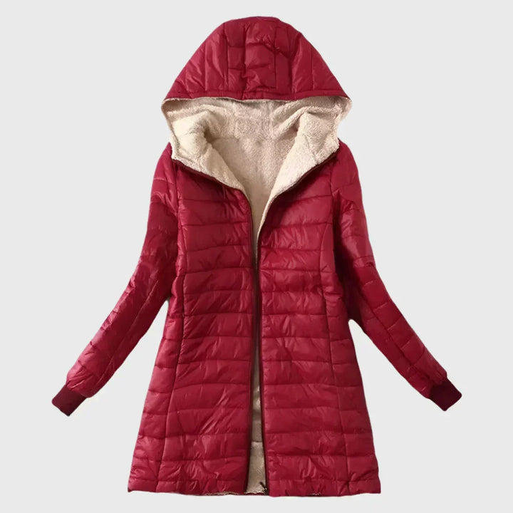 Winona hooded sherpa-lined puffer jacket in navy blue, front view with hood up