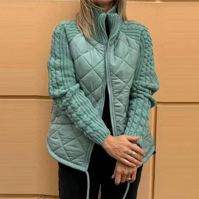 Winslet quilted stand collar jacket with knitted sleeves in sage green, front view