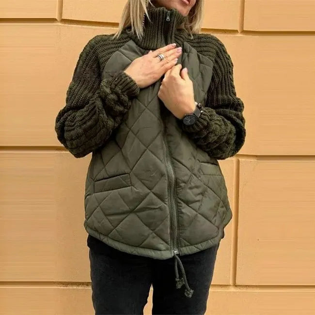 Winslet quilted stand collar jacket with knitted sleeves in sage green, front view