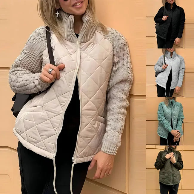 Winslet quilted stand collar jacket with knitted sleeves in sage green, front view