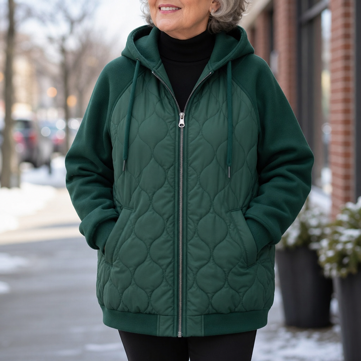 Winter dark green quilted hooded puffer jacket, close-up front view