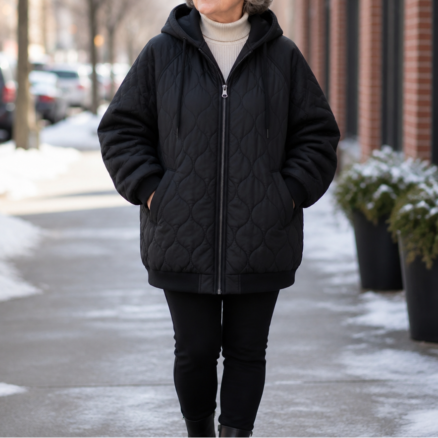 Winter dark green quilted hooded puffer jacket, seated outdoor view