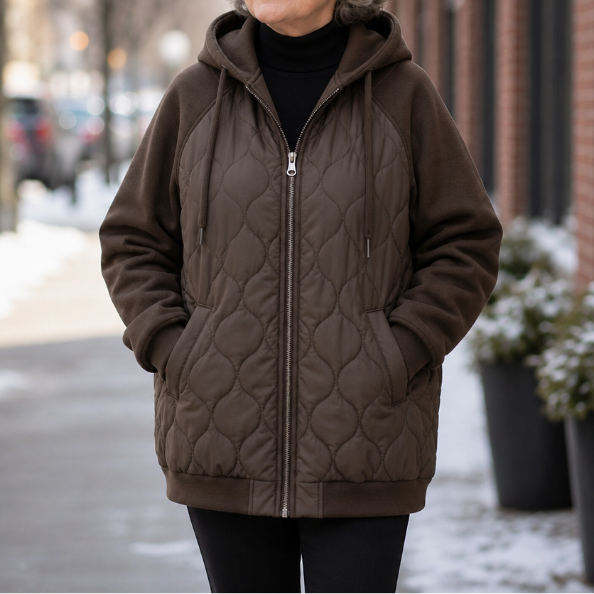 Winter dark green quilted hooded puffer jacket, seated outdoor view