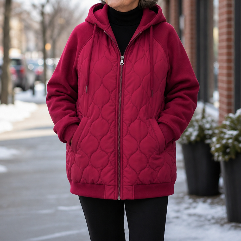 Winter dark green quilted hooded puffer jacket, seated outdoor view