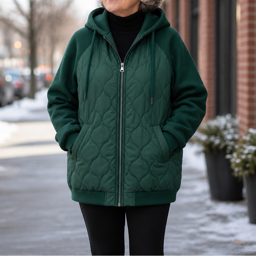 Winter dark green quilted hooded puffer jacket, seated outdoor view