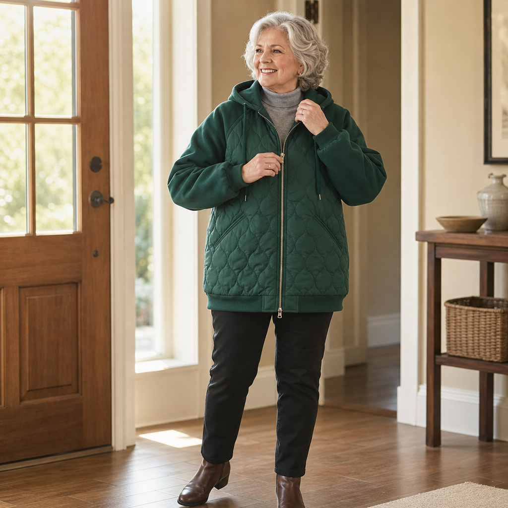 Winter dark green quilted hooded puffer jacket, indoor front view
