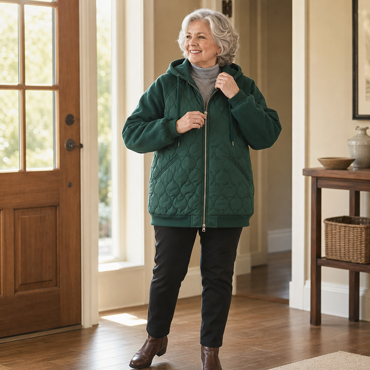 Winter dark green quilted hooded puffer jacket, indoor front view