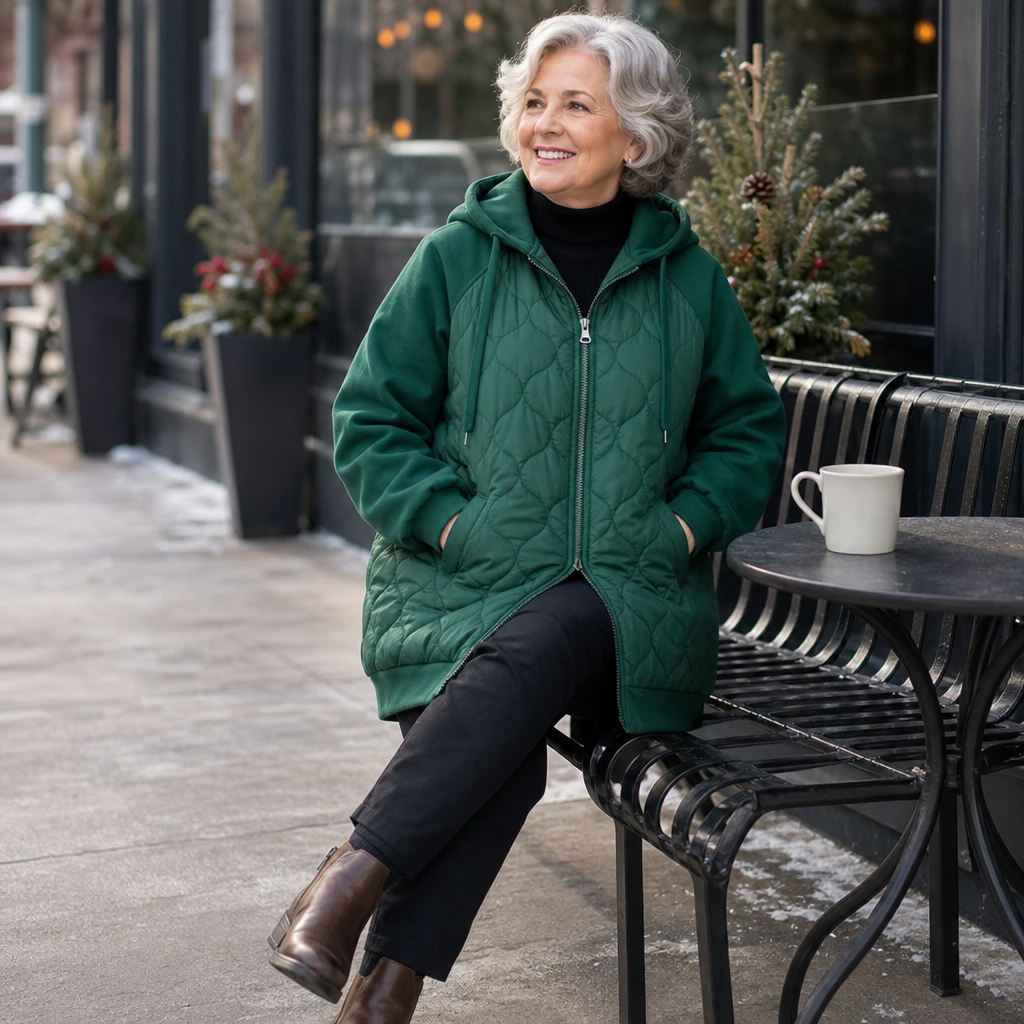 Winter dark green quilted hooded puffer jacket, seated outdoor view